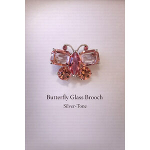 Vintage Pink Faceted Glass and Silver-Tone Butterfly Brooch